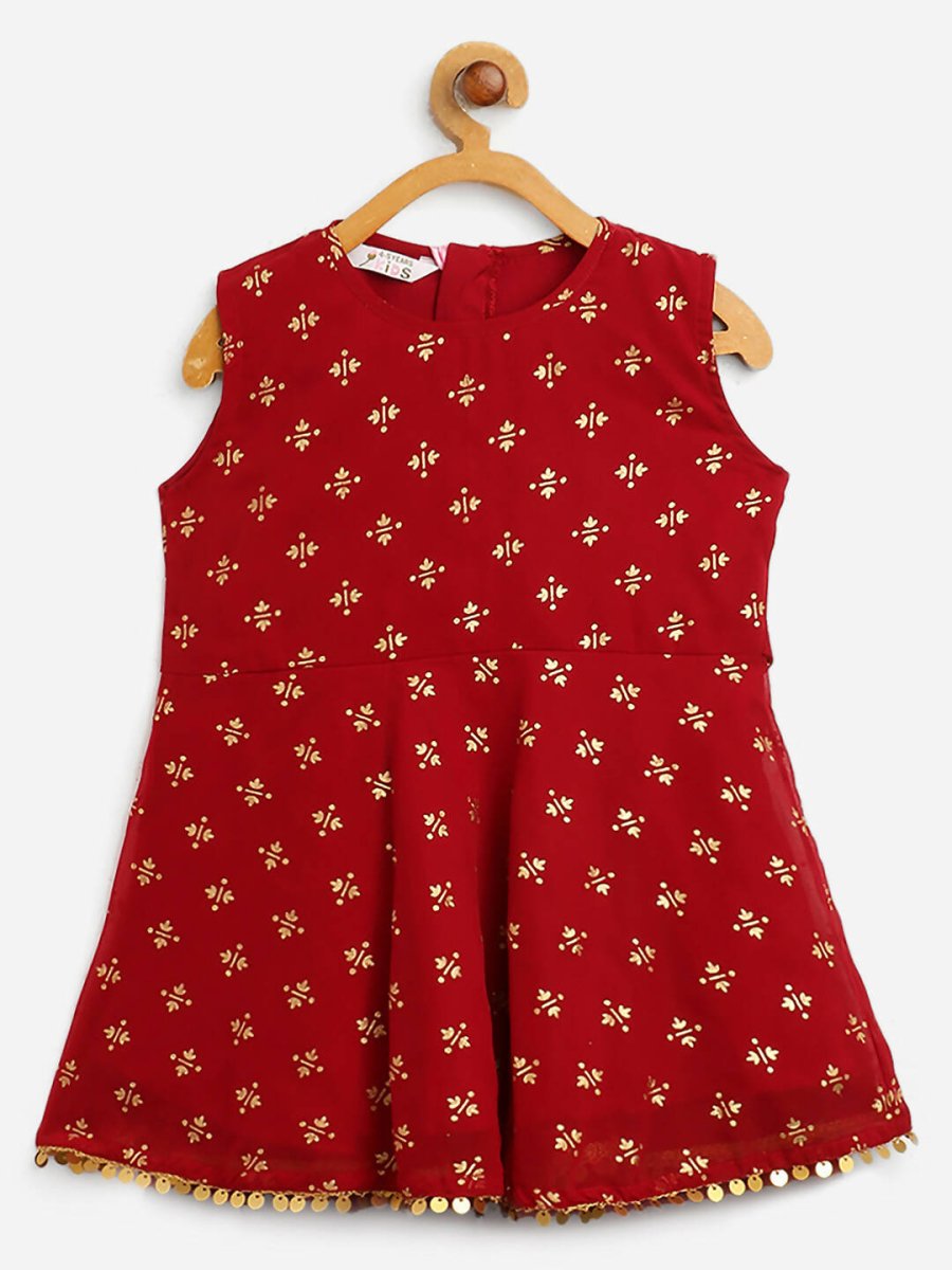 Ahalyaa Maroon Georgette Gold Foil Print Kids Peplum style Kurta Sharara Set With Dupatta For Girls