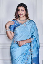 Morchari Sky Blue Crepe Hand Embroidery Saree And Stitched Blouse - Distacart