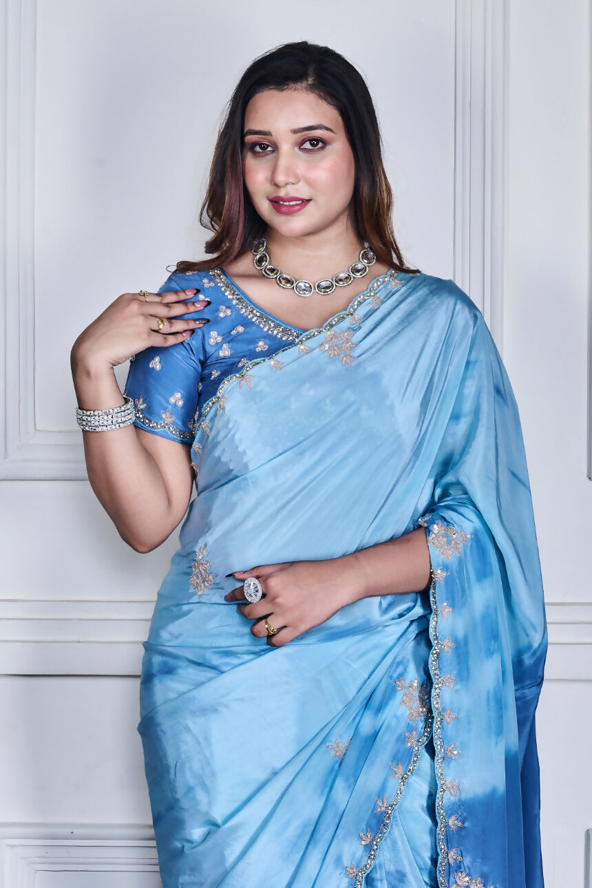 Morchari Sky Blue Crepe Hand Embroidery Saree And Stitched Blouse - Distacart