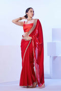 Red Satin Jimmy Choo Solid Designer & Lace Work Saree - Samaa
