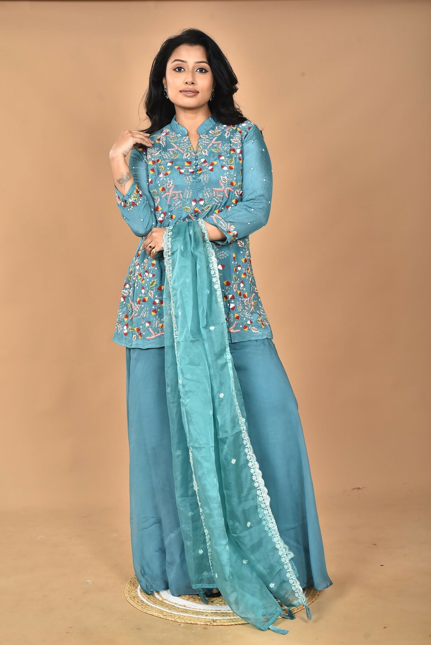 Morchari Women And Hand Embroidery Palazzo Set-Green