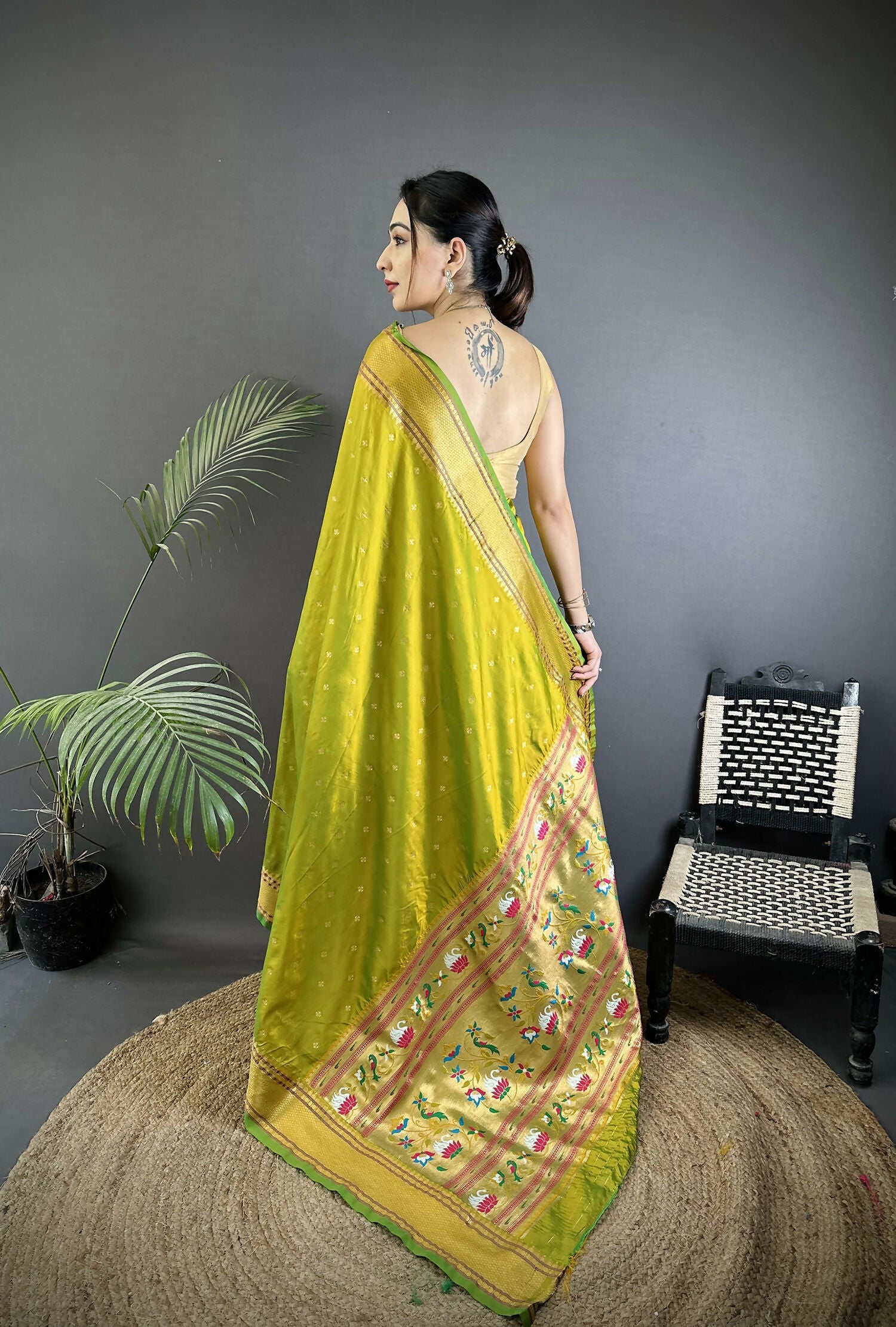 Joban Fashion Lime Green Butti Woven Soft Lichi Silk Paithani Saree - Distacart