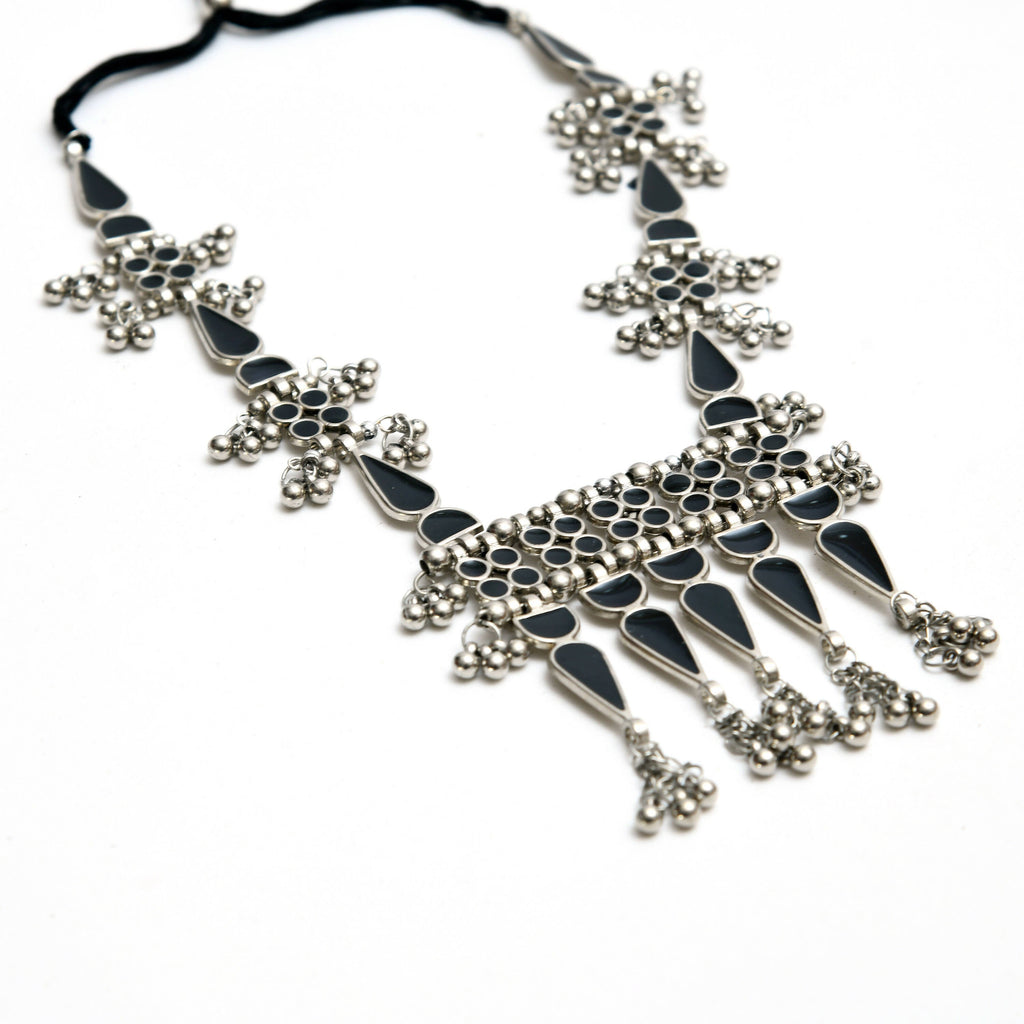Mominos Fashion Johar Kamal Oxidised Silver-Plated Meenakari Long Necklace Set - Distacart