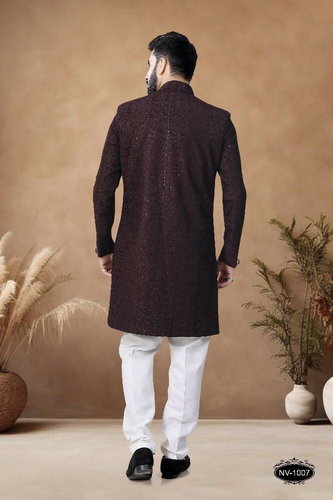 Joban Fashion Men's Brown Straight Silk Heavy Thread & Sequence Embroidery All Over Indo-Western Kurta Set