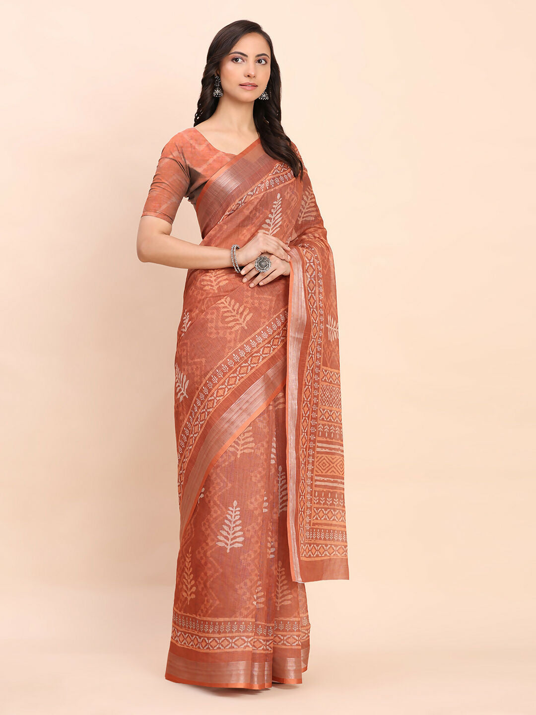Shree Shyam Fashion Linen Cotton Rust Saree - Distacart