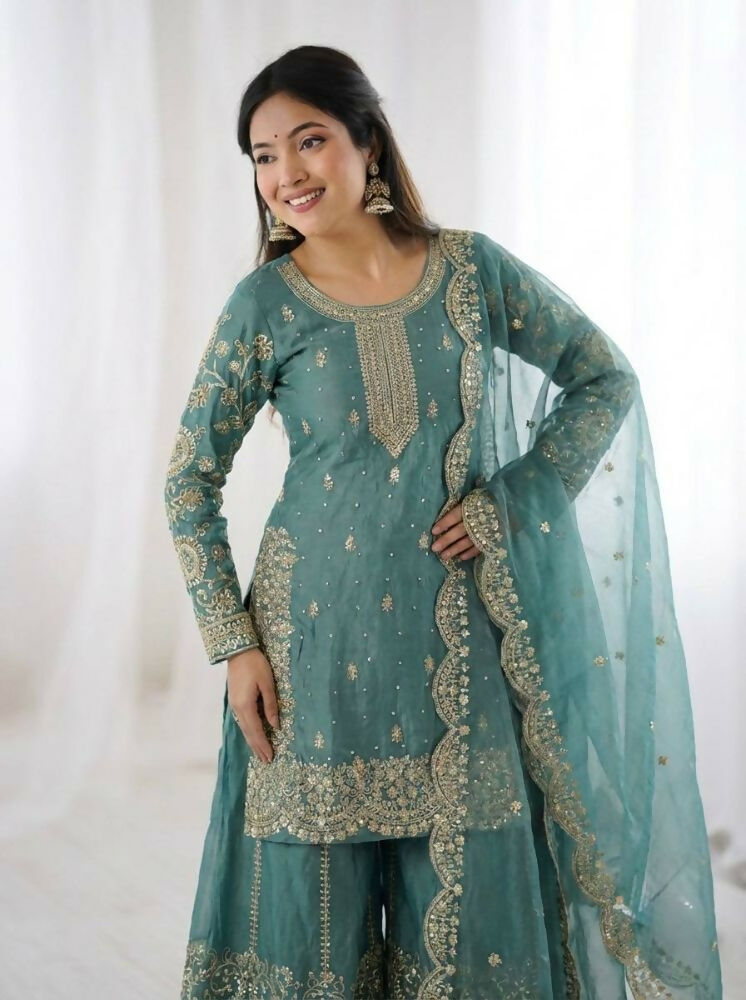 Teeya Creation Turquoise Color Fendy Silk Embroidery Work Wedding Wear Salwar Suit - Distacart