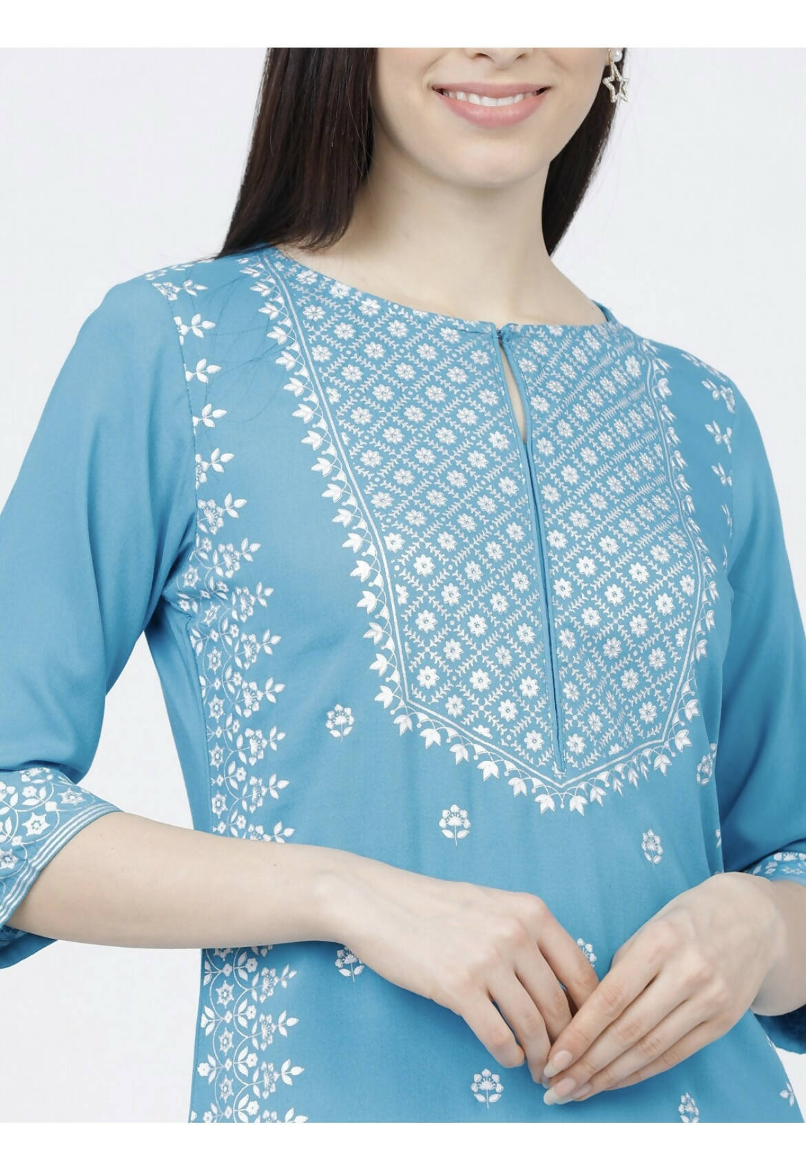 Indian Clothing Cheera Embellished Daily Wear Cotton Blend Kurta - Sky Blue