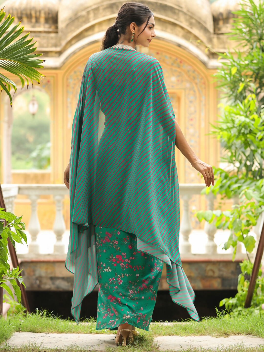 Janasya Green Georgette Floral Top Bottom Cape