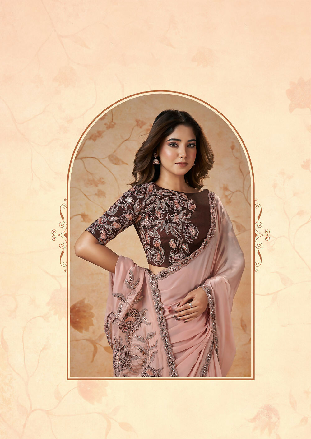 Peach Crepe Satin Silk Thread, Sequence, Cord Embroidered with Stone Work Saree - Mohmanthan Dakshika
