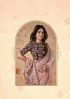 Peach Crepe Satin Silk Thread, Sequence, Cord Embroidered with Stone Work Saree - Mohmanthan Dakshika
