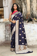 Joban Fashion Navy Blue Pure Katan Pure Handloom Banarasi Silk Saree