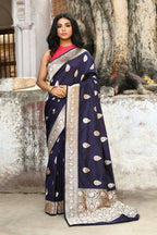 Joban Fashion Navy Blue Pure Katan Pure Handloom Banarasi Silk Saree