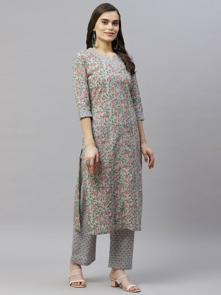 Miravan Women's Cotton Floral Printed Straight Kurta Palazzo 