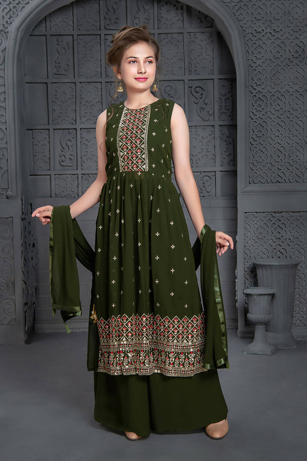 Kids Wedding Designer Mehendi Georgette Naira Cut Salwar Suit - Aaradhna