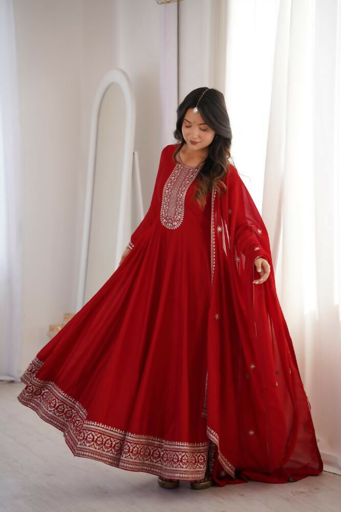 Lehenga Mart Designer Anarkali Suit With Kurta, Dupatta For Women-Dark Red - Distacart