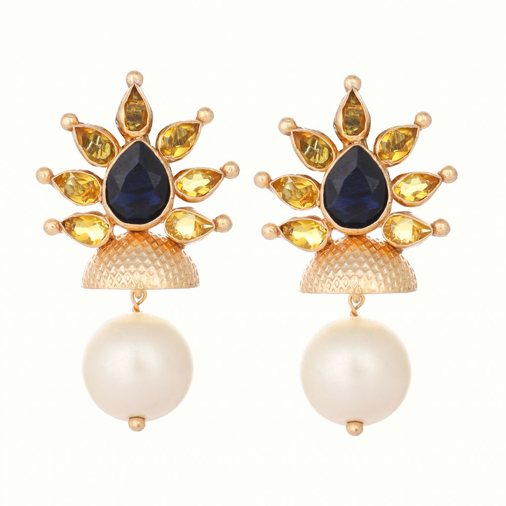 Nuyug 22K Gold Plated Pearl & Crystal Studded Contemporary Floral Stud Earrings - Distacart