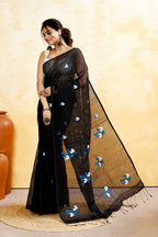 Piyari Fashion Women's Black Embellished Cotton Blend Embroidery Saree - Distacart