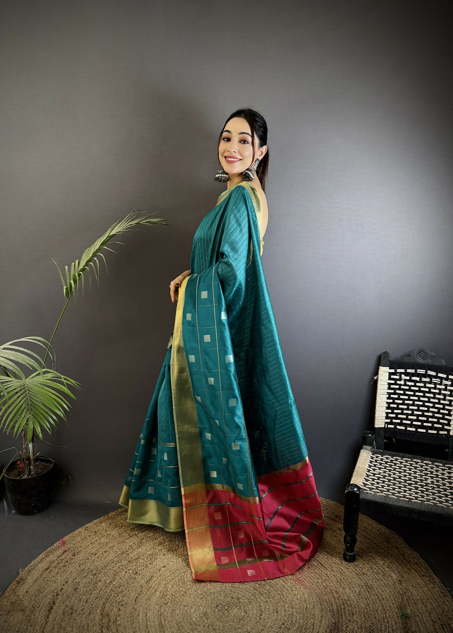 Joban Fashion Sea Green Bhagalpuri Cotton Silk Stripes/Box Saree - Distacart