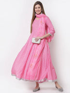 Myshka Pink Color Cotton Blend Printed Anarkali Kurta With Dupatta