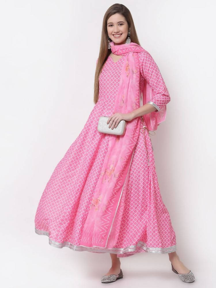 Myshka Pink Color Cotton Blend Printed Anarkali Kurta With Dupatta