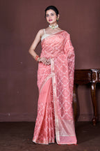 Morchari Peach Cotton Chanderi Embroidery Saree Unstitched Blouse - Distacart