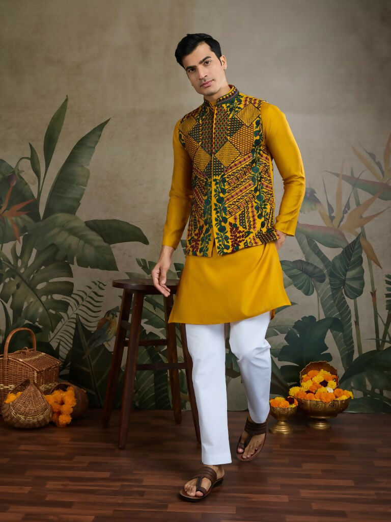 Vastranavya Yellow Exclusive Festival Viscose Silk Thread & Swarovski Embroidered Work Mens Wear Kurta & Koti