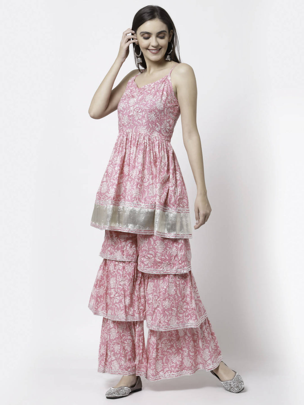 Myshka Women Pink Pure Cotton Printed Sleeveless Round Neck Kurta With Sharara & Dupatta Set
