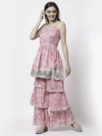 Myshka Women Pink Pure Cotton Printed Sleeveless Round Neck Kurta With Sharara & Dupatta Set