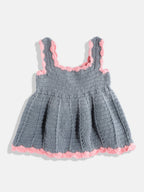Chutput Kids Woollen Hand Knitted Sleeveless Bow Detail Dress For Baby Girls - Grey