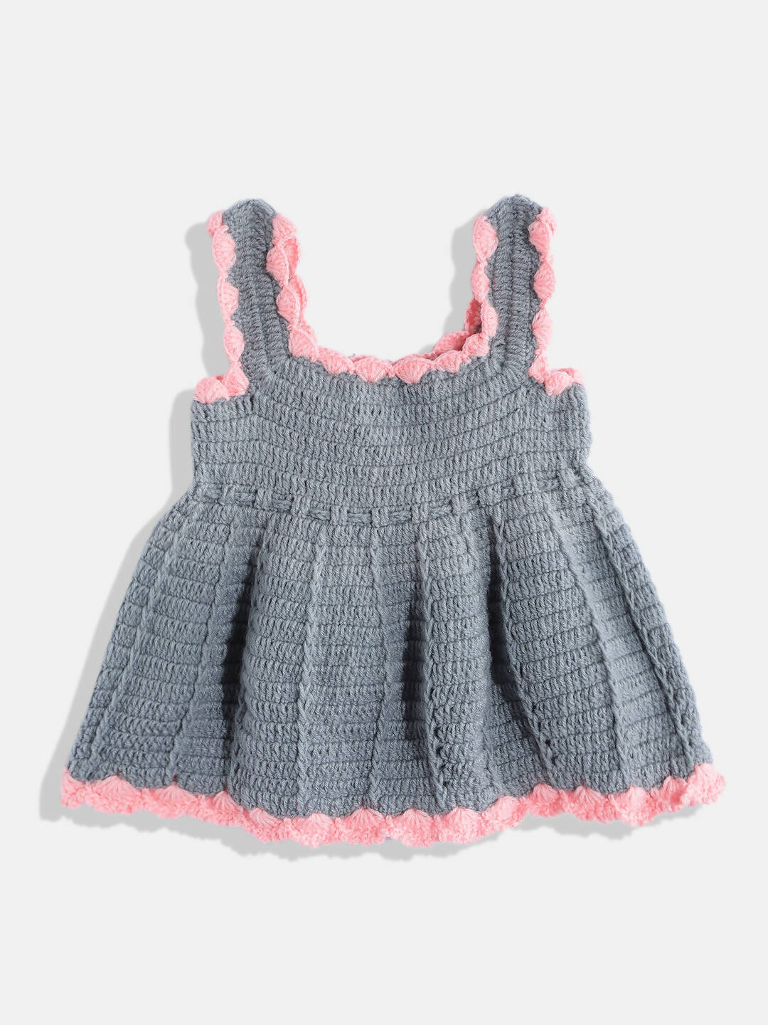 Chutput Kids Woollen Hand Knitted Sleeveless Bow Detail Dress For Baby Girls - Grey
