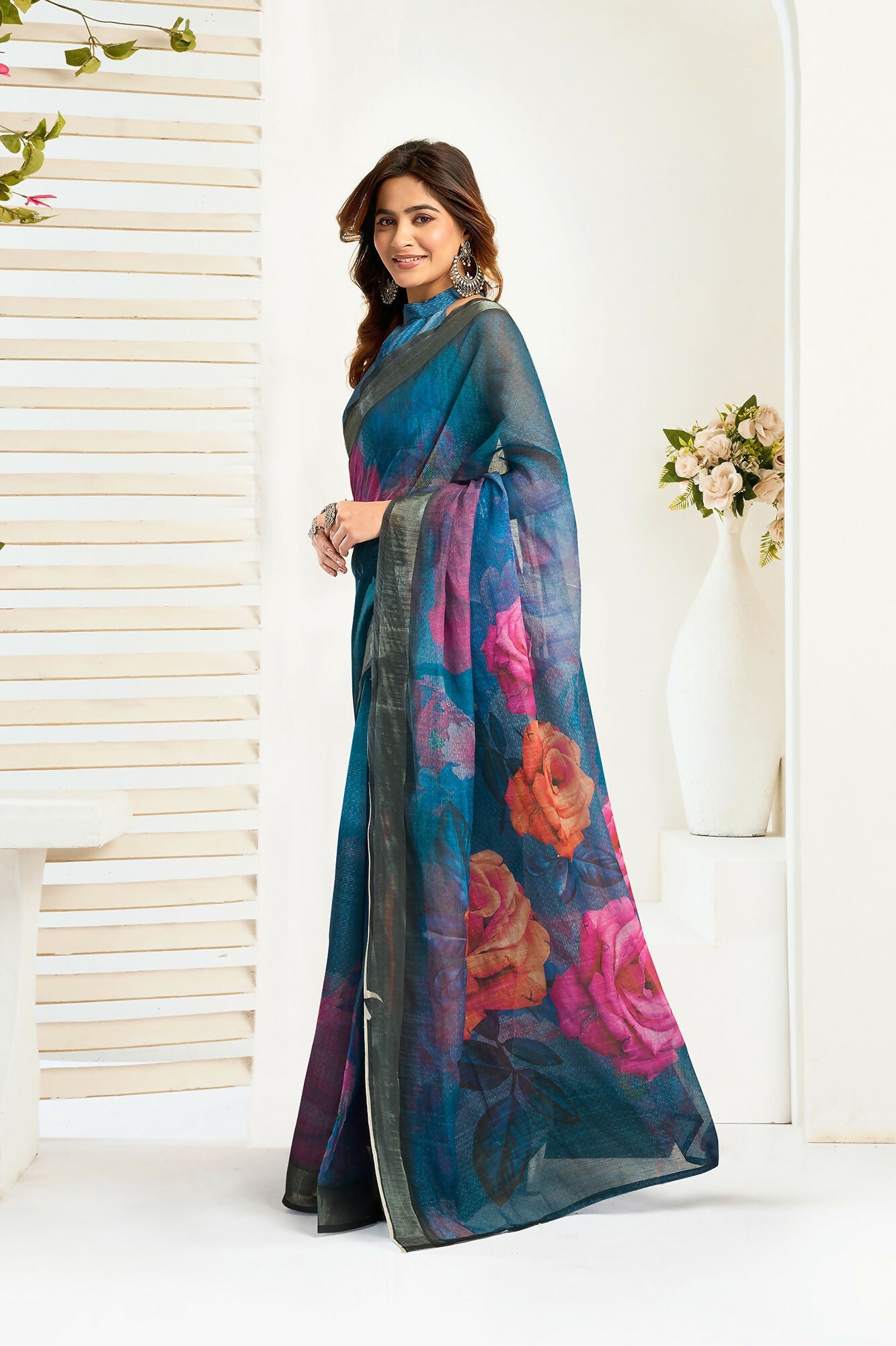 Vastranavya Teal Digital Printed Linen Ready To Wear Designer Saree with Unstitched Blouse - Distacart