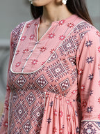 Juniper Peach Geometric Printed Pure Cotton Maxi Dress With Lace Work - Distacart