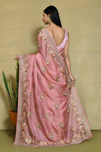 Pink Net Organza Silk Thread Emboidered with Stone Work Saree - Nimaya Benzy