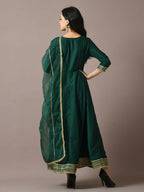 Myshka Women's Green Solid Silk Anarkali Party Kurta With Dupatta
