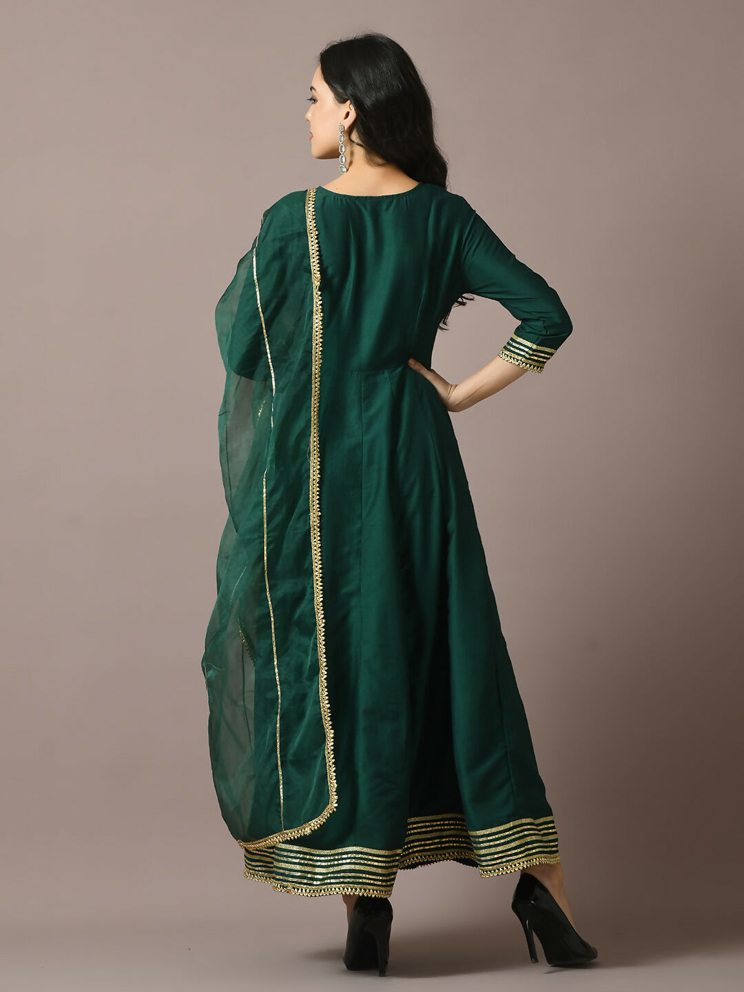 Myshka Women's Green Solid Silk Anarkali Party Kurta With Dupatta
