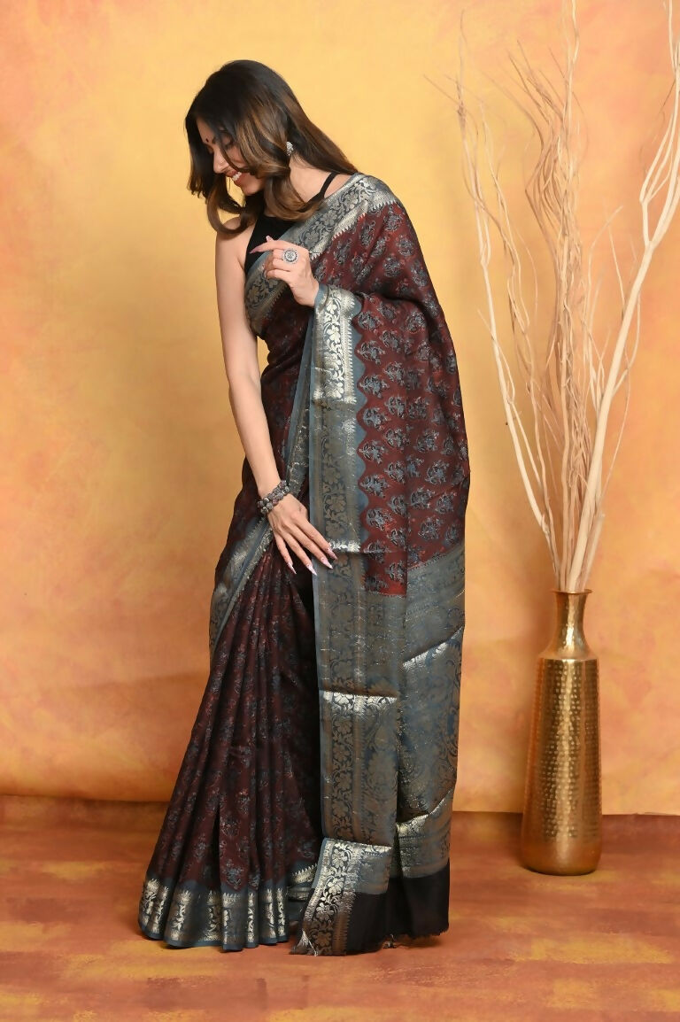 Very Much Indian Modal Silk Ajrakh Handblock Printed Natural Dyes With Designer Border Saree - Dark Maroon