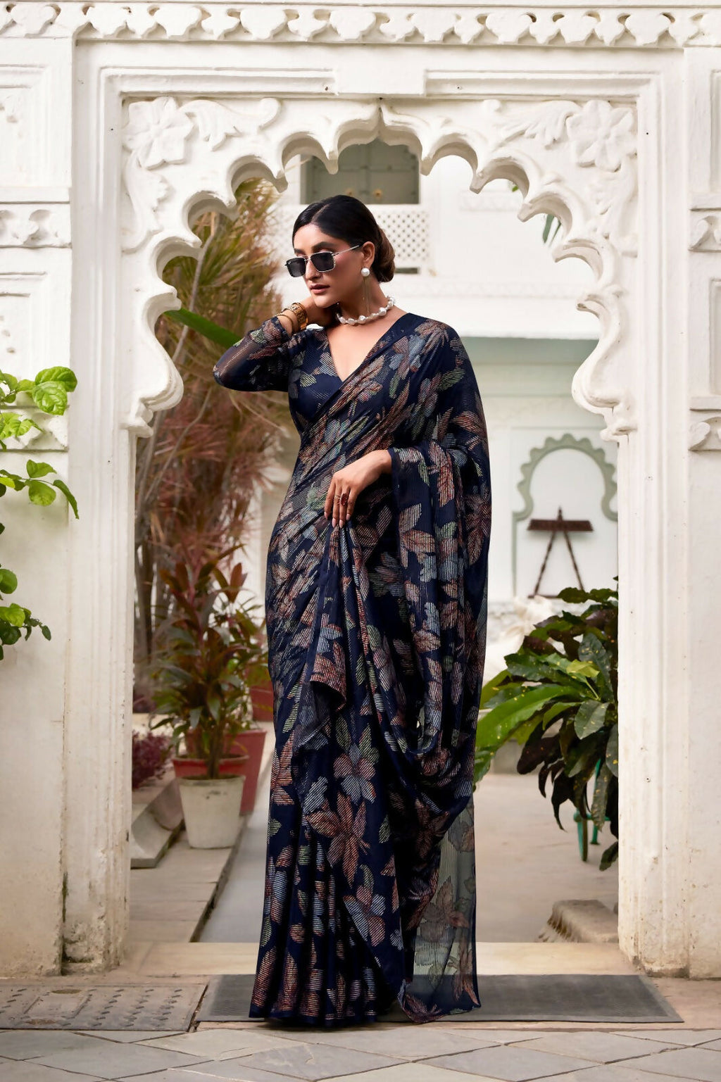 Vastranavya Navy Blue Lurex Brasso Floral Printed Saree with Unstitched Blouse - Distacart