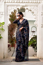 Vastranavya Navy Blue Lurex Brasso Floral Printed Saree with Unstitched Blouse - Distacart