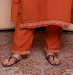 Miravan Women's Plus Size Orange Embroidered Straight Kurta with Palazzo and Dupatta set - Distacart
