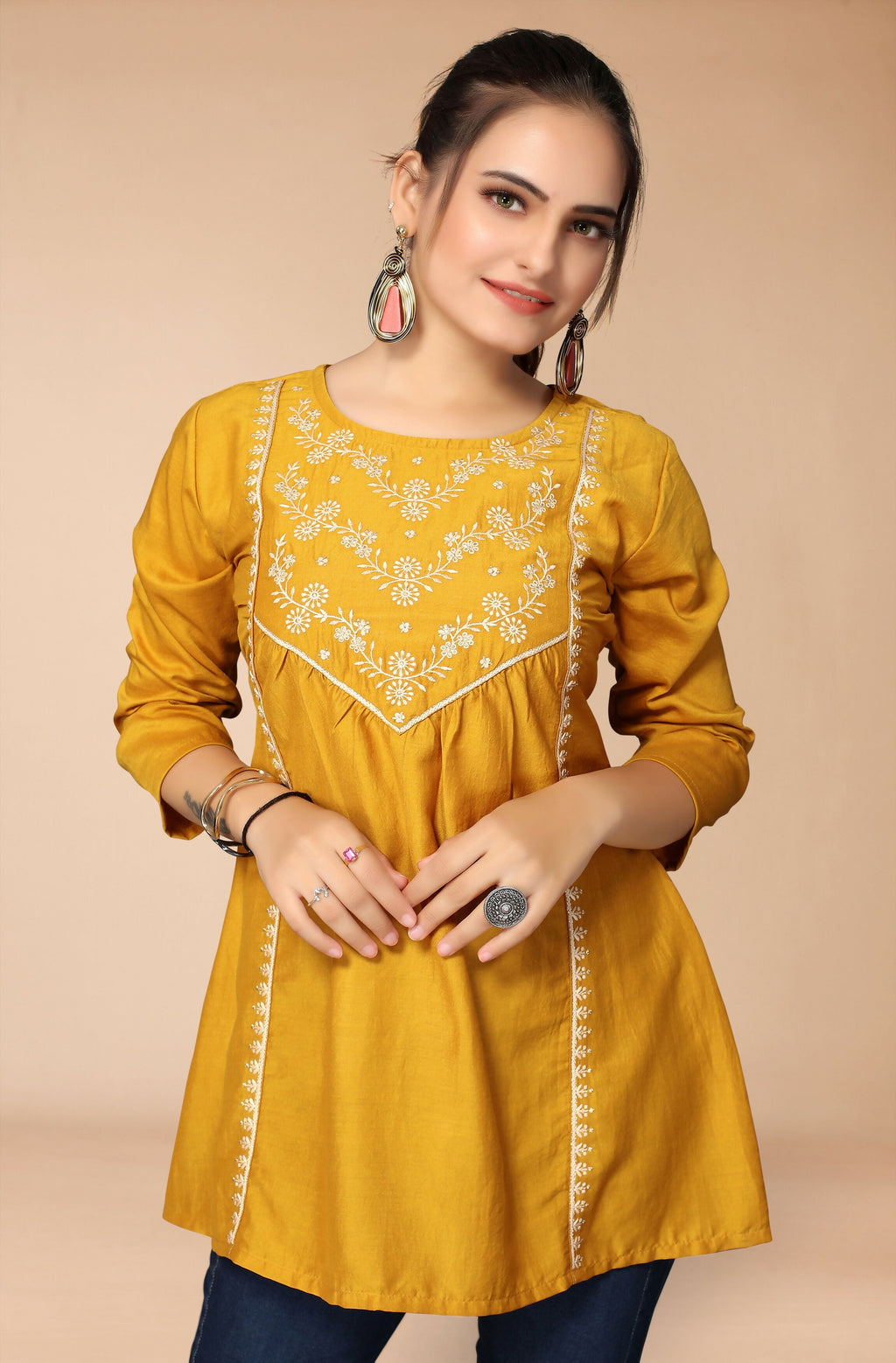 Women's Mustard Viscose blend Embroidered Short Top - Marina