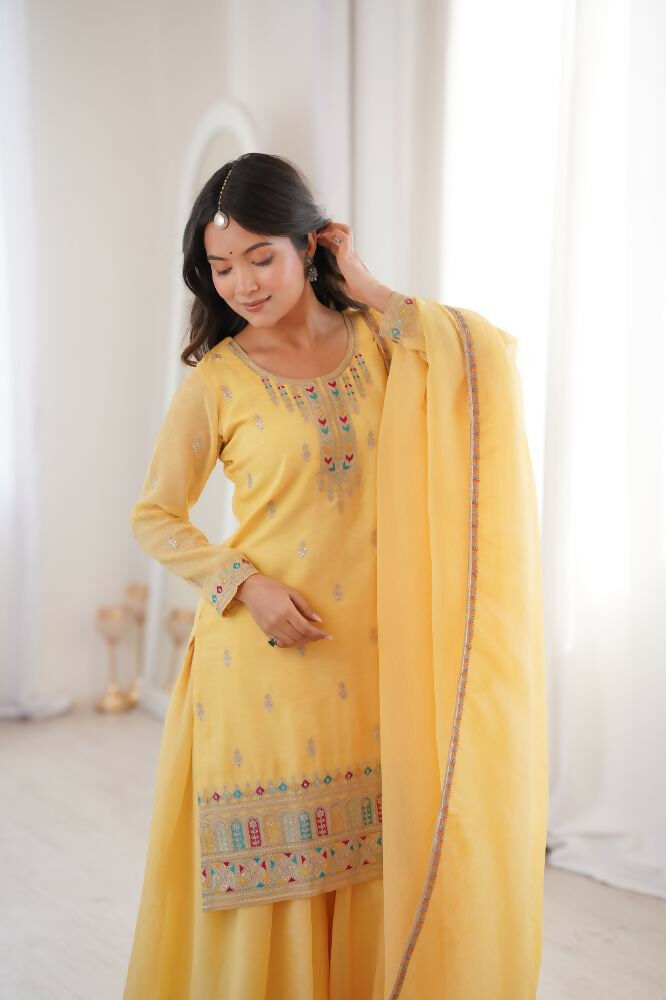 Lehenga Mart Designer Sharara Suit With Kurta, Sharara, Dupatta For Women-Yellow - Distacart