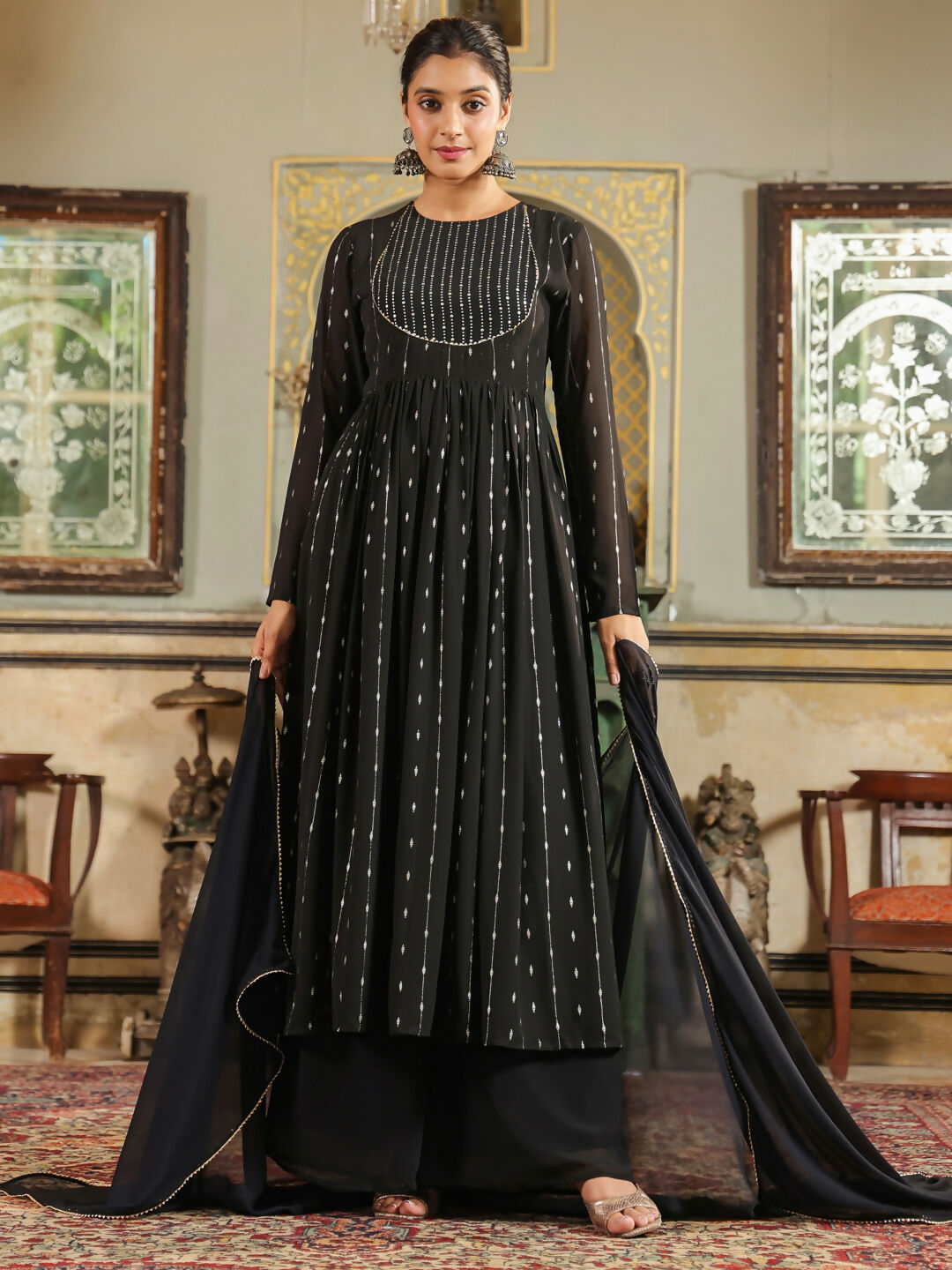 Janasya Black Georgette Foil Print Kurta,Bottom & Dupatta