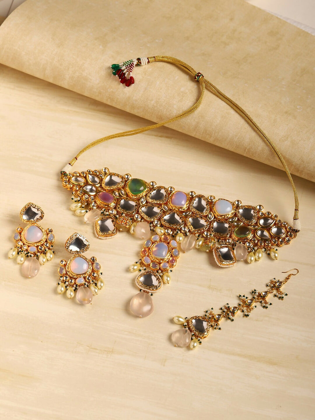 Multi Stone Maharani Kundan Neckpiece with Earrings and Maang Tikka- Ruby Raang