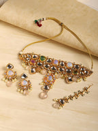 Multi Stone Maharani Kundan Neckpiece with Earrings and Maang Tikka- Ruby Raang