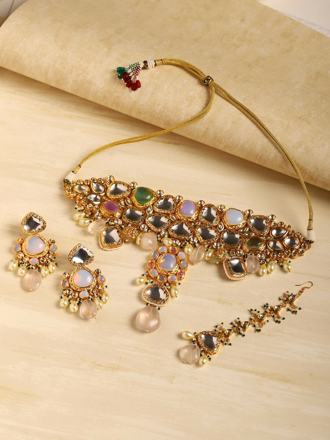 Multi Stone Maharani Kundan Neckpiece with Earrings and Maang Tikka- Ruby Raang