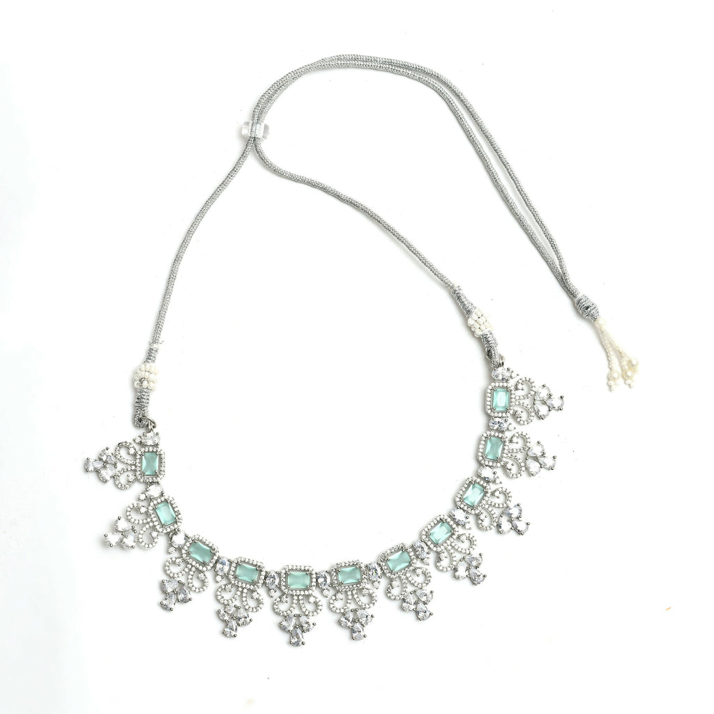 Mominos Fashion Johar Kamal Silver-Plated American Diamond Pista Green Choker Set - Distacart