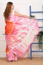 Very Much Indian Handmade Tie And Dye Cotton Saree By Women Weavers - Orange Pink - Distacart
