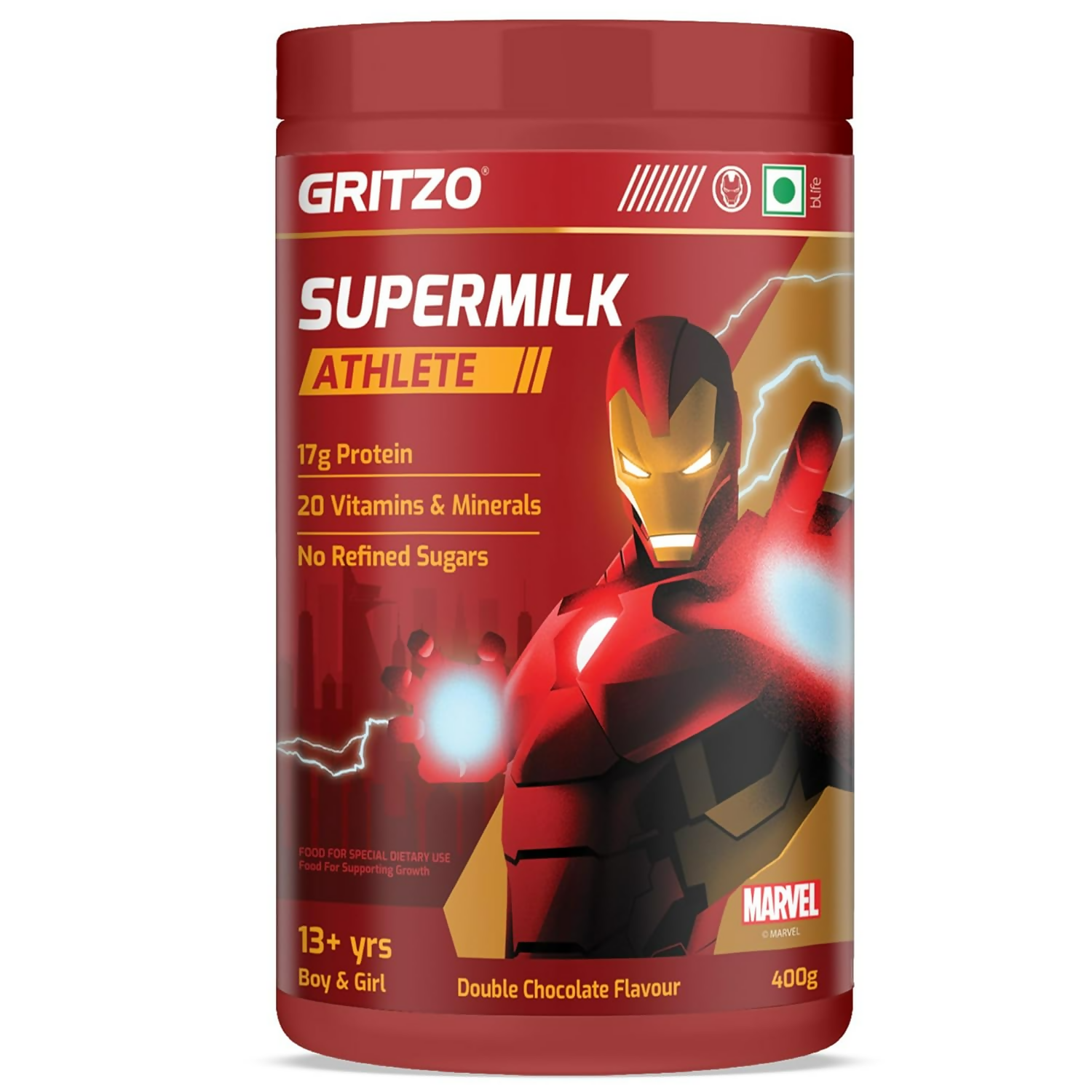 Gritzo SuperMilk Athlete Iron Man (13+y Boy & Girl), 17g Protein Powder (Double Chocolate)