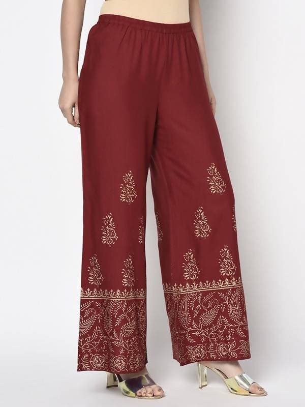 Aniyah Rayon Maroon Color Block Print Flared Slip-On Palazzo (AN-213K)