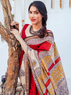 Zibaa Hand-Blocked Pure Maheshwari Silk Red Saree - Distacart